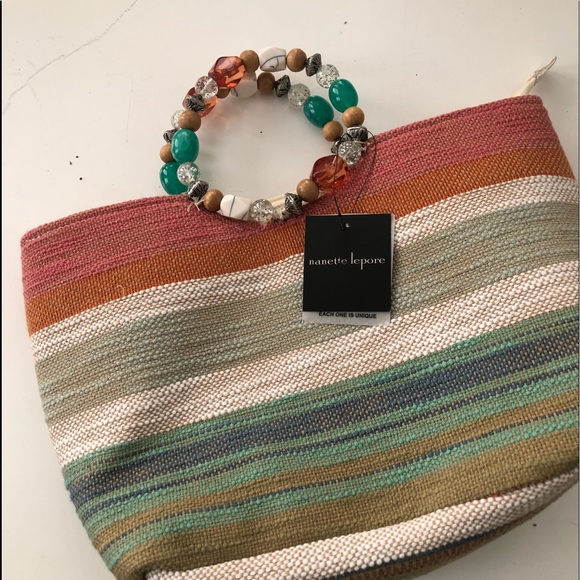 Nanette Lepore Handbags - NWT Nannette Lepore multi striped woven tote with jewel handle